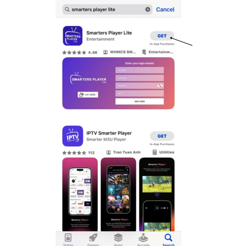 Téléchargement de Smarters Player Lite depuis l'App Store